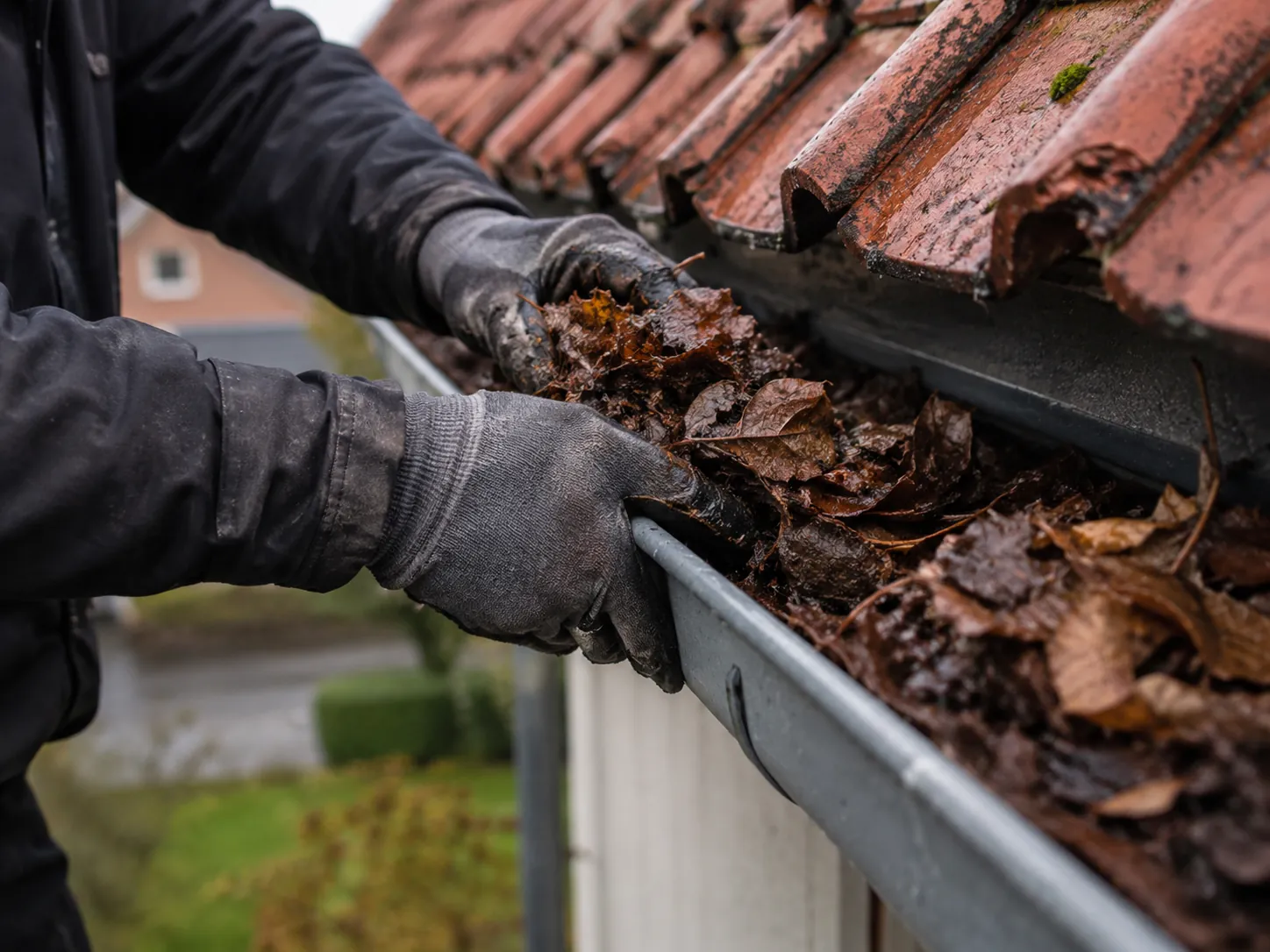 Hand mit Arbeitshandschuh entfernt nasses Laub aus Dachrinne