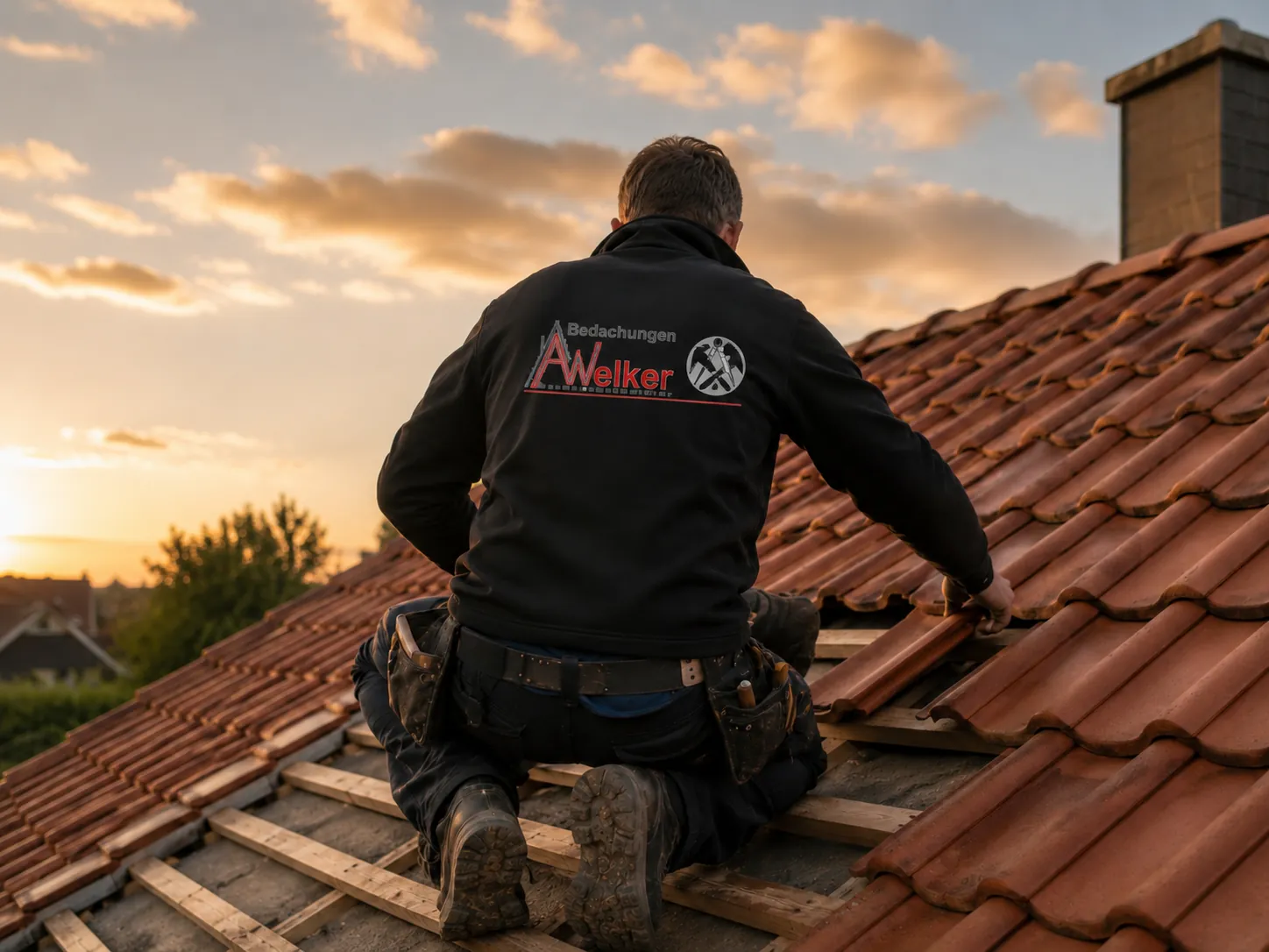 Welker Bedachungen — Dachdeckermeister bei der Arbeit auf dem Dach im Sonnenuntergang