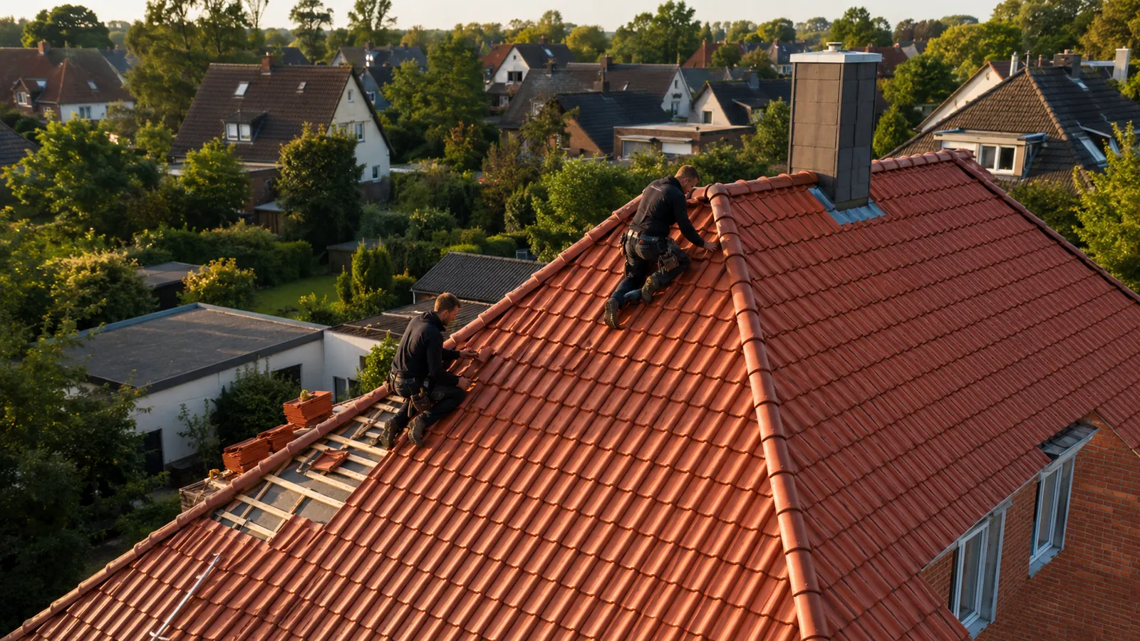 Zwei Dachdecker auf einem großen Ziegeldach in der Wohnsiedlung