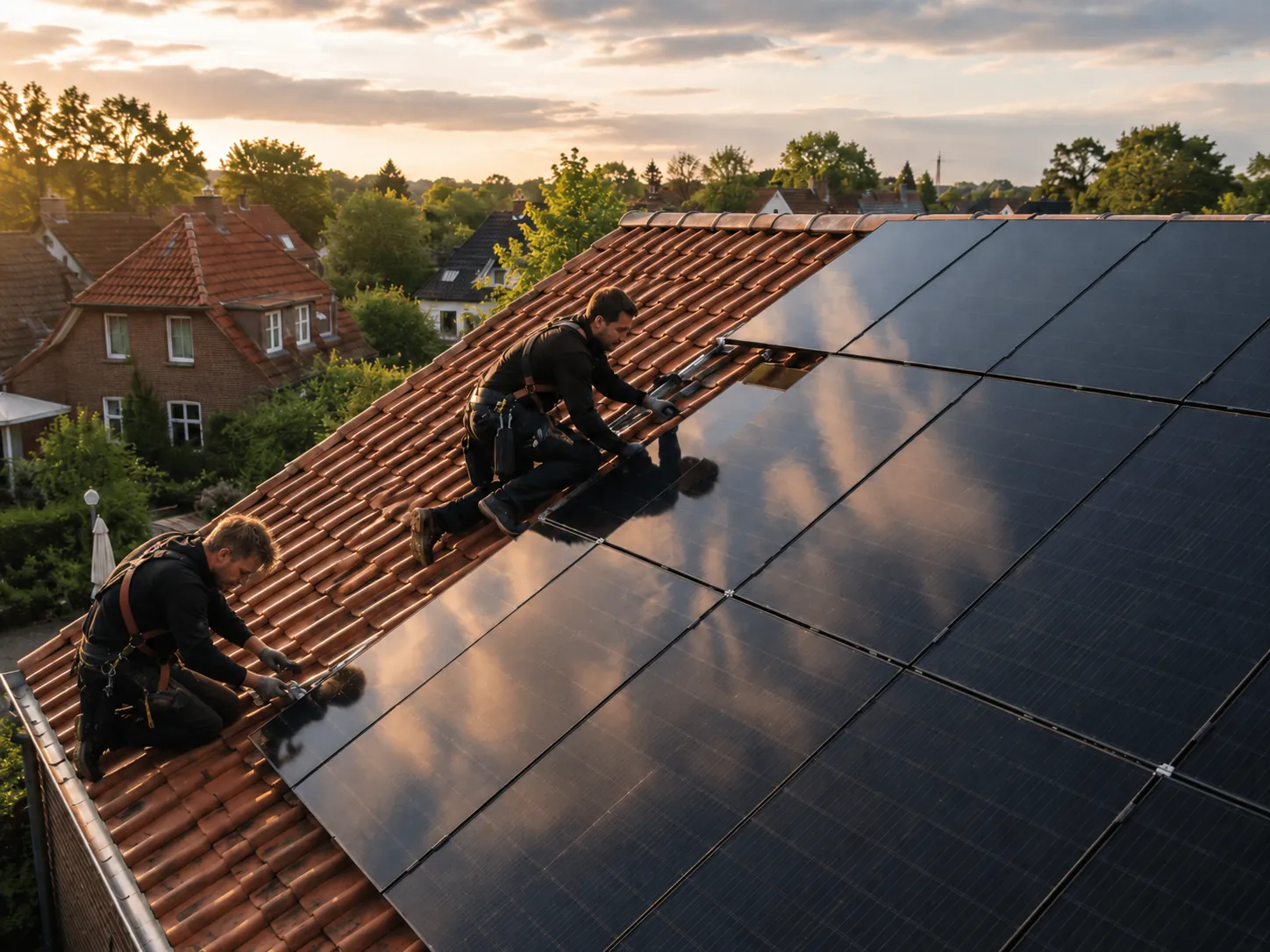 Dachdecker installieren Solarpaneele auf einem Ziegeldach im Abendlicht
