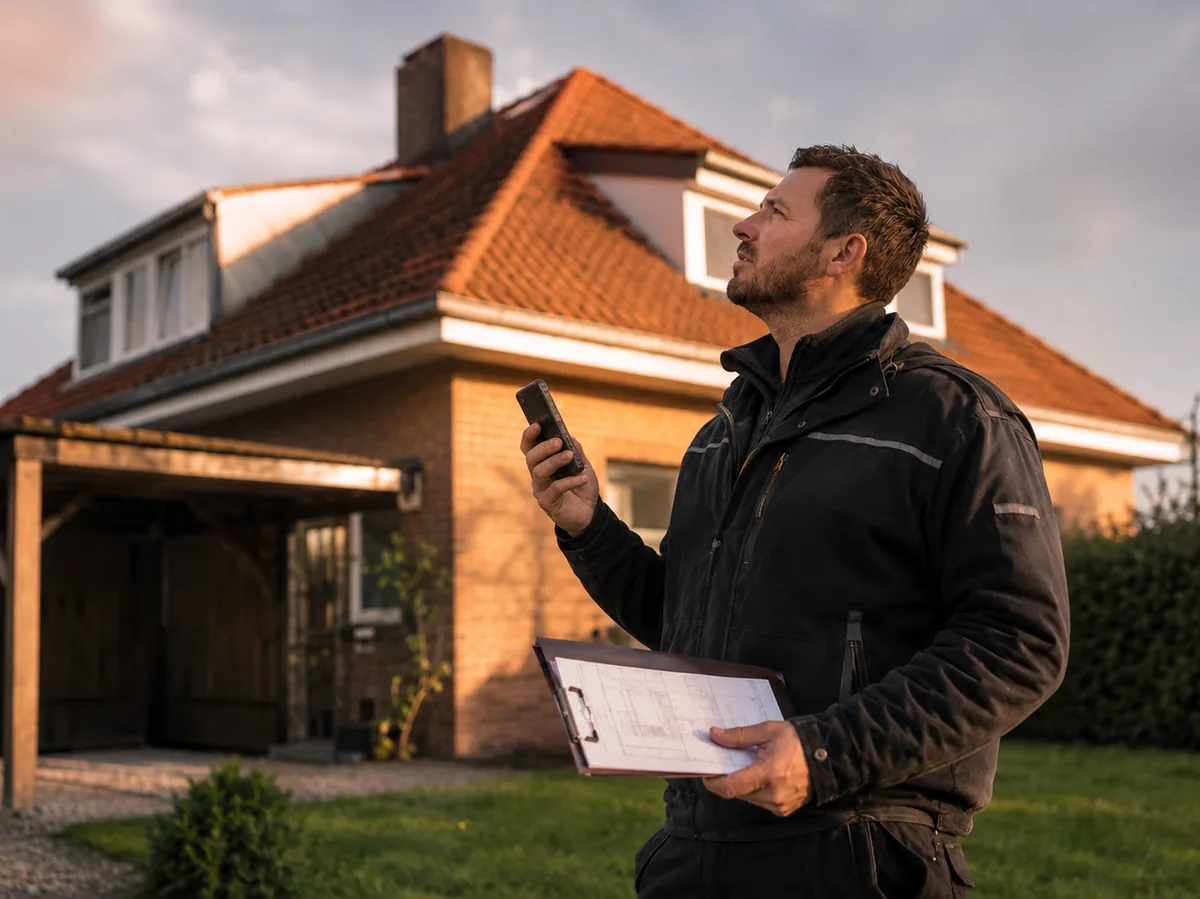 Dachdeckermeister beim Vor-Ort-Termin mit Klemmbrett und Distanzmesser vor einem Wohnhaus im Abendlicht
